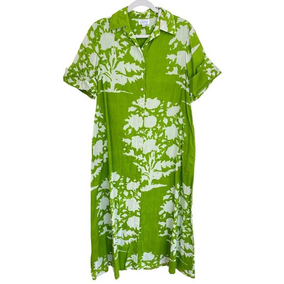Livro Gibbons Short Sleeve Collared Button Down Midi Dress Lime Green Bouquet M - Picture 3 of 8